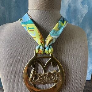 Brass Medallion Necklace with Blue-Green Silk Scarf